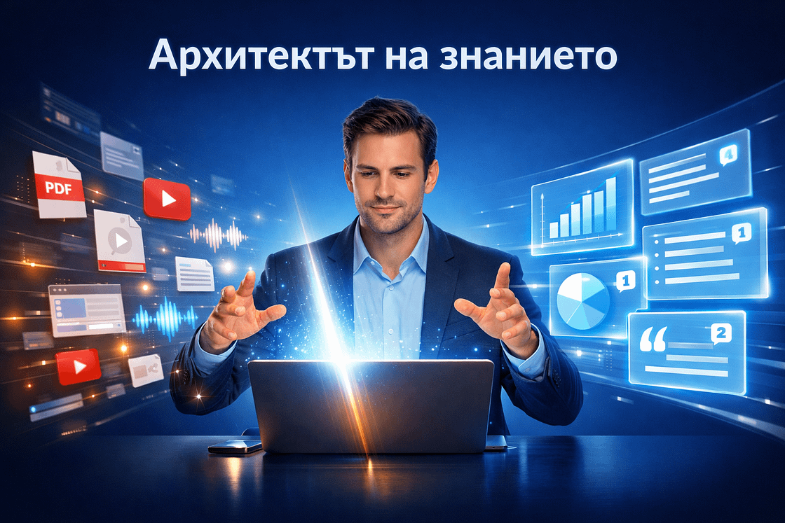 NotebookLM: Как да използваме AI за проучвания без халюцинации (Пълно ръководство) Архитектът на знанието – професионалист използва NotebookLM за подреждане и анализ на информация от PDF, видео, аудио и уеб източници с изкуствен интелект.