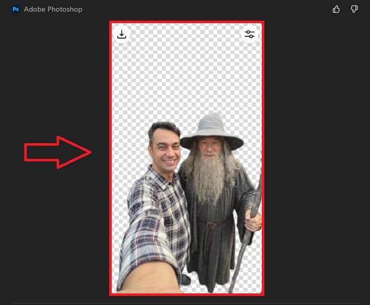 Пример за премахване на фон на снимка на Гандалф чрез ChatGPT и Photoshop.