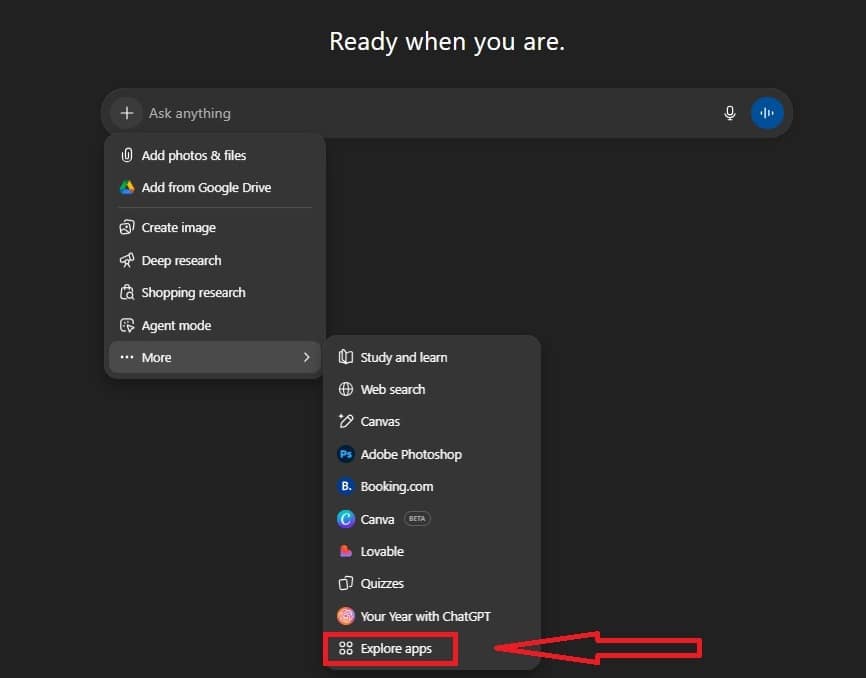 Меню Explore Apps в ChatGPT интерфейс за свързване на приложения.